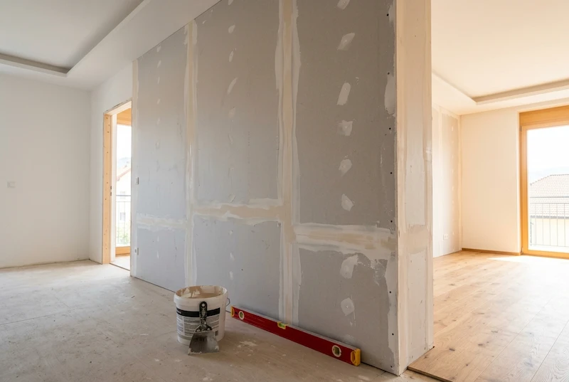 Neue Trockenbauwand aus Rigipsplatten mit verspachtelten Fugen